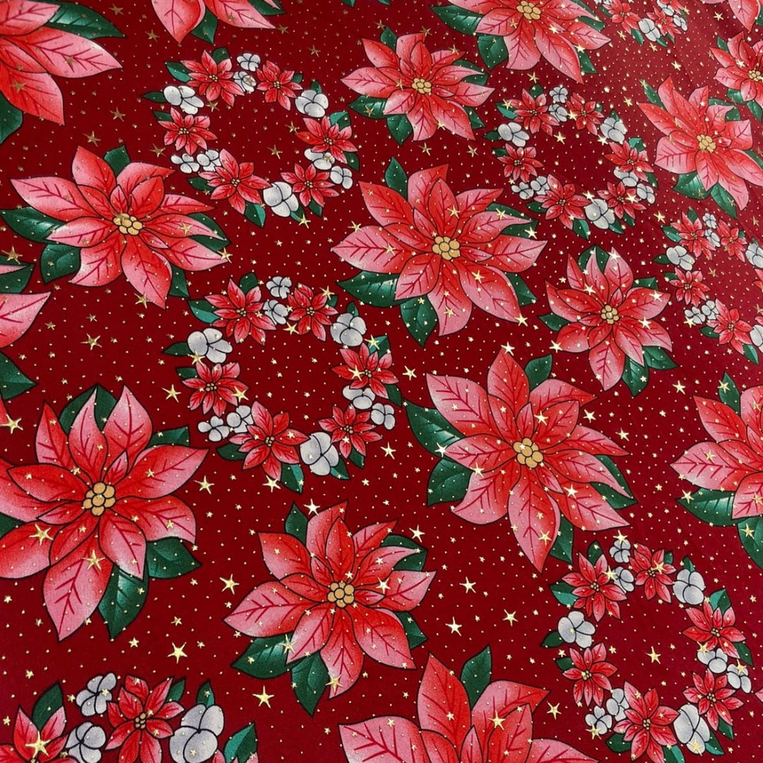  OXFORD COM BRILHO FUNDO VERMELHO FLORES E GUIRLANDA